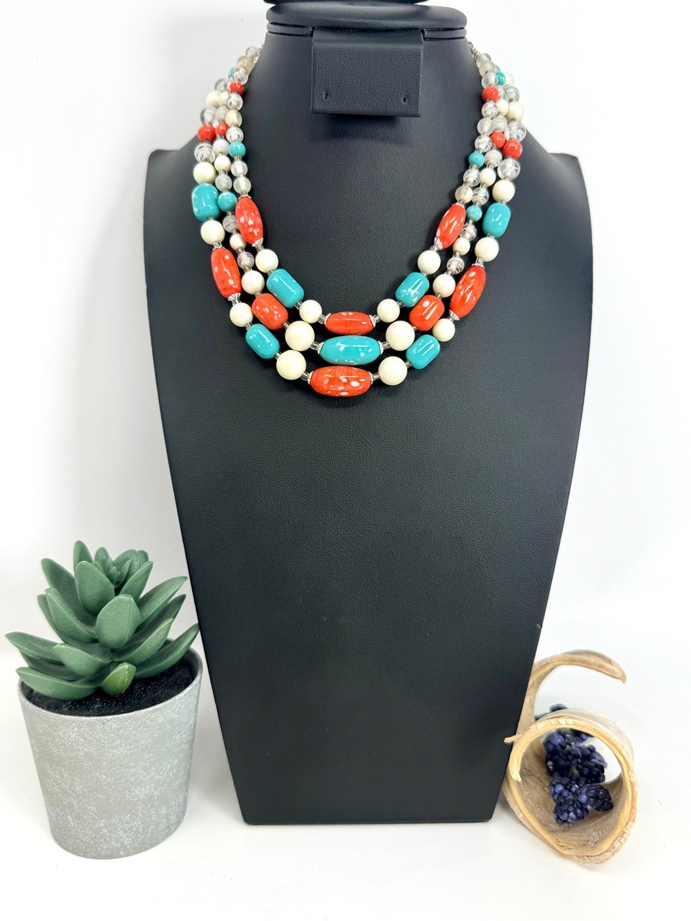 Vintage Multi-Strand Faux Coral & Turquoise Beaded Necklace - 20”